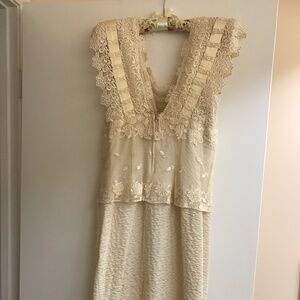Vintage 1980's Creamy Beige Lace and Sequined Fringe Dress